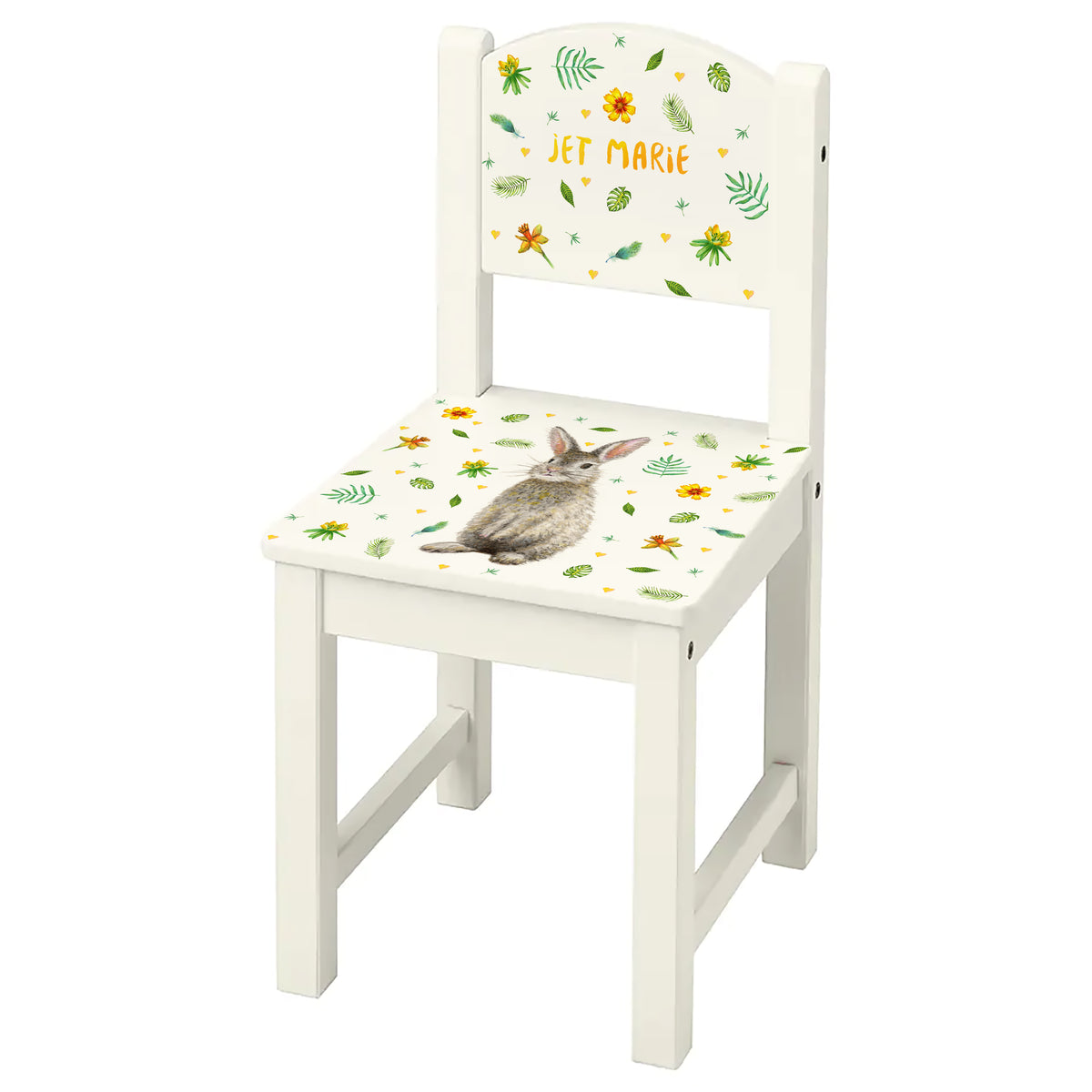 kinderstoel stoeltje met naam gepersonaliseerd mies to go aquarel handgeschilderd kinderkamer babykamer kraamcadeau kraamkado verjaardag kind cadeau konijn konijntje rabbit
