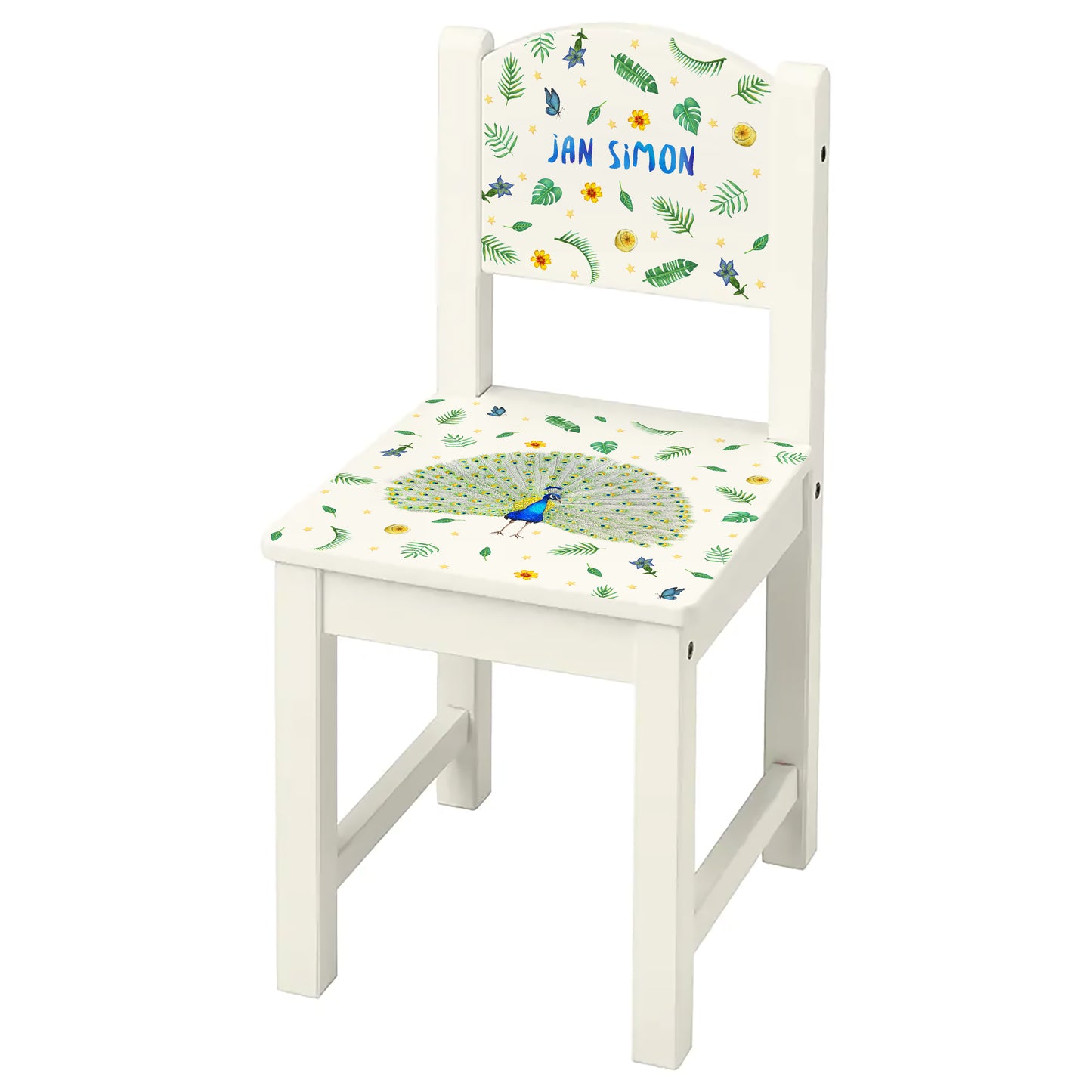 kinderstoel stoeltje met naam gepersonaliseerd mies to go aquarel handgeschilderd kinderkamer babykamer kraamcadeau kraamkado verjaardag kind cadeau pauw vogel
