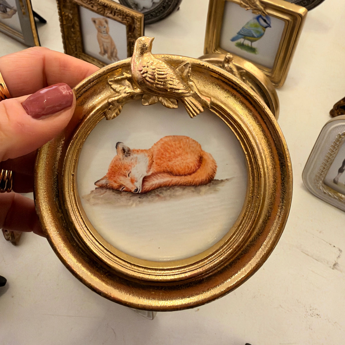 Goldfarbener Bilderrahmen mit Faultier-Kunstdruck