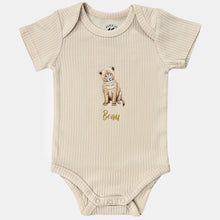 Load image into Gallery viewer, Baby onesie with little lion and name - vanilla short sleeve