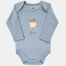 Afbeelding in Gallery-weergave laden, Baby romper uil met naam - soft blue longsleeve