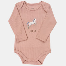 Load image into Gallery viewer, Baby onesie with unicorn and name - blush long sleeve