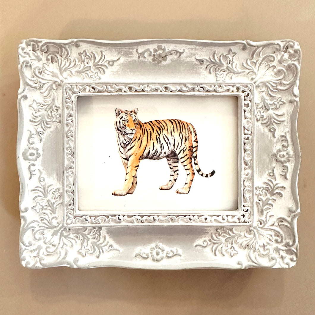 Lichtgrijs barok lijstje met tijger art print