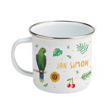 Load image into Gallery viewer, Enamel cup sloth toucan parrot and flamingo with name