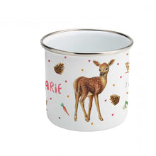 Load image into Gallery viewer, Enamel mug baby giraffe, robin, rabbit custom with name