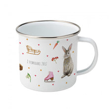 Load image into Gallery viewer, Enamel mug baby giraffe, robin, rabbit custom with name