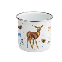 Load image into Gallery viewer, Enamel mug baby giraffe, robin, rabbit custom with name