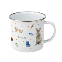 Load image into Gallery viewer, Enamel mug baby giraffe, robin, rabbit custom with name