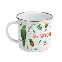 Load image into Gallery viewer, Enamel mug monkey and parrots custom with name