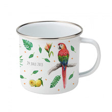 Load image into Gallery viewer, Enamel mug monkey and parrots custom with name