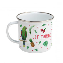 Load image into Gallery viewer, Enamel mug monkey and parrots custom with name