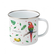 Load image into Gallery viewer, Enamel mug monkey and parrots custom with name