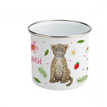 Load image into Gallery viewer, Enamel mug baby leopard flamingo parrot custom with name