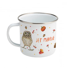 Load image into Gallery viewer, Enamel mug fox rabbit and owl custom with name