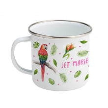 Load image into Gallery viewer, Enamel mug zebra and parrots custom with name