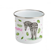Load image into Gallery viewer, Enamel mug zebra and parrots custom with name