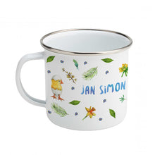 Load image into Gallery viewer, Enamel mug leopard blue tit and chicks custom with name