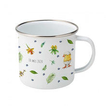 Load image into Gallery viewer, Enamel mug leopard blue tit and chicks custom with name