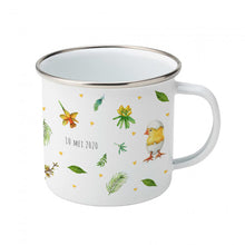 Load image into Gallery viewer, Enamel mug leopard blue tit and chicks custom with name