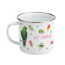Lade das Bild in den Galerie-Viewer, Emaille-Tasse Tukan Papageien Flamingo mit Namen