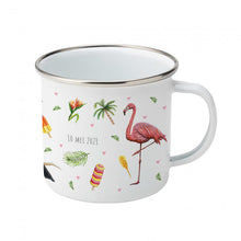Lade das Bild in den Galerie-Viewer, Emaille-Tasse Tukan Papageien Flamingo mit Namen