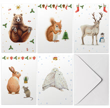 Afbeelding in Gallery-weergave laden, kerstkaarten Mies to Go christmas cards handgeschilderd dieren kerstmis kaartje ansichtkaart postcard greeting card feestdagen nieuwjaarskaart eekhoorn beer konijn muisje sneeuwuil sneeuwpop rendier
