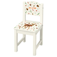 Load image into Gallery viewer, kinderstoel stoeltje met naam gepersonaliseerd mies to go aquarel handgeschilderd kinderkamer babykamer kraamcadeau kraamkado verjaardag kind cadeau hertje hert bosdieren