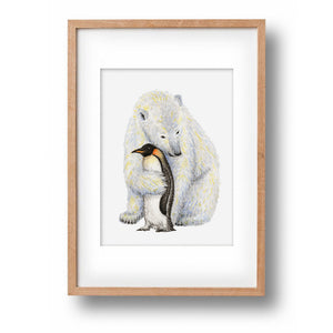 Originele aquarel schilderij ijsbeer en pinguïn