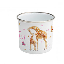 Load image into Gallery viewer, Enamel mug baby giraffe custom with name