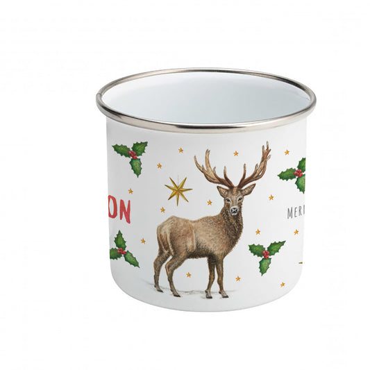 Gobelet en émail cerf lapin de Noël avec prénom