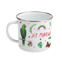 Load image into Gallery viewer, Enamel mug flamingo and parrot custom with name