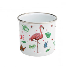 Load image into Gallery viewer, Enamel mug flamingo and parrot custom with name