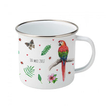 Load image into Gallery viewer, Enamel mug flamingo and parrot custom with name