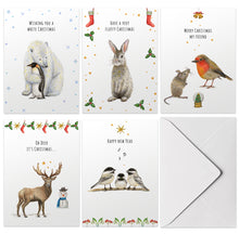 Load image into Gallery viewer, kerstkaarten Mies to Go christmas cards handgeschilderd dieren kerstmis kaartje ansichtkaart postcard greeting card feestdagen nieuwjaarskaart ijsbeer pinguin konijn roodborstje muisje hert sneeuwpop vogels