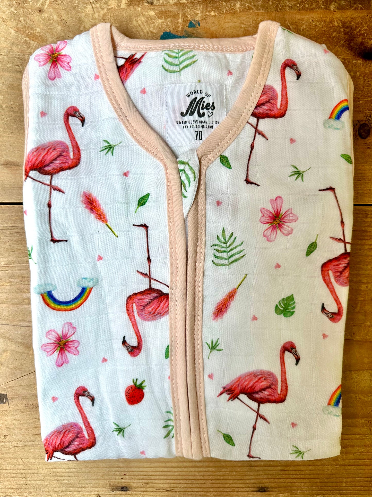 Super soft summer baby sleeping bag of bamboo textile with a flamingo print