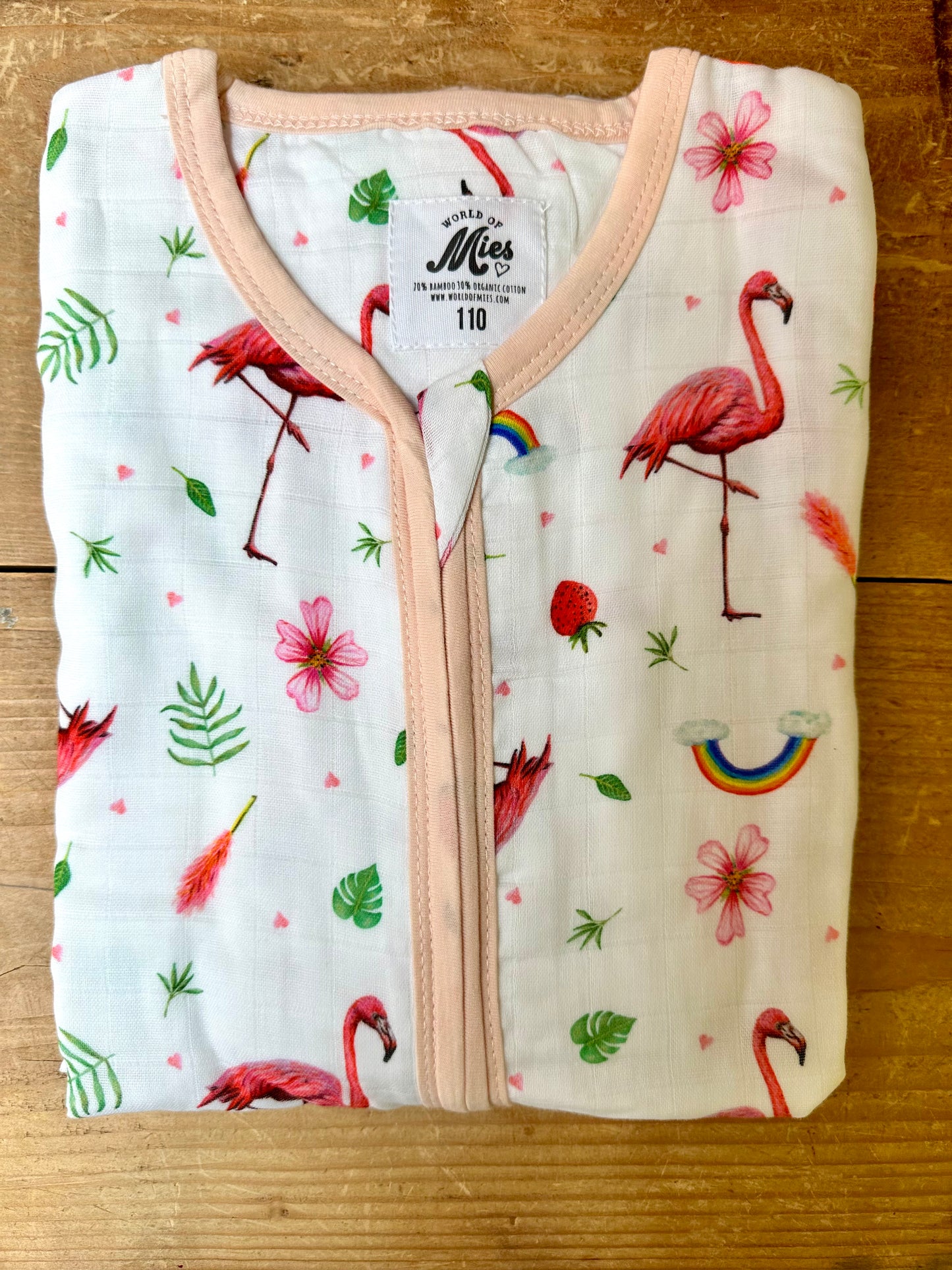 Super soft summer baby sleeping bag of bamboo textile with a flamingo print