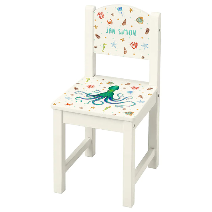 kinderstoel stoeltje met naam gepersonaliseerd mies to go aquarel handgeschilderd kinderkamer babykamer kraamcadeau kraamkado verjaardag kind cadeau octopus zeedieren oceaan