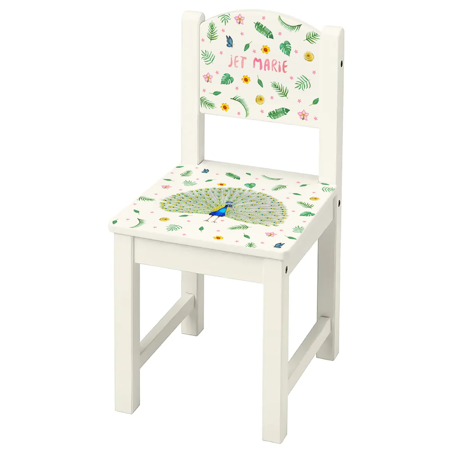 kinderstoel stoeltje met naam gepersonaliseerd mies to go aquarel handgeschilderd kinderkamer babykamer kraamcadeau kraamkado verjaardag kind cadeau pauw vogel
