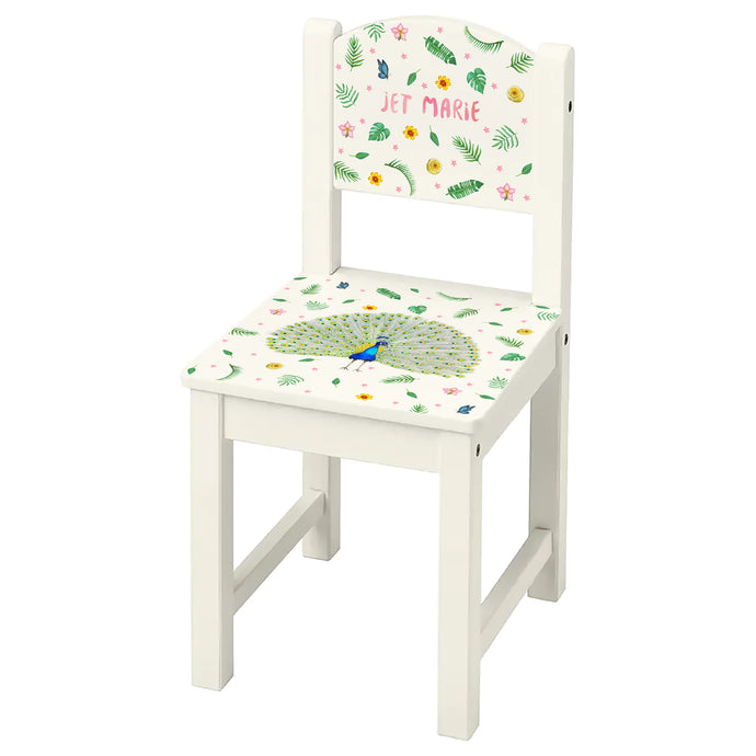 kinderstoel stoeltje met naam gepersonaliseerd mies to go aquarel handgeschilderd kinderkamer babykamer kraamcadeau kraamkado verjaardag kind cadeau pauw vogel