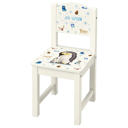 kinderstoel stoeltje met naam gepersonaliseerd mies to go aquarel handgeschilderd kinderkamer babykamer kraamcadeau kraamkado verjaardag kind cadeau pinguin pinguins winterdieren kerstmis