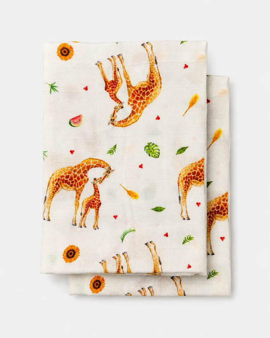 2-pack hydrofiele doeken giraffe 60x60 cm – bamboe en biologisch katoen