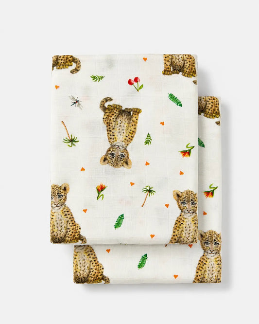2-pack hydrofiele doeken luipaardjes 60x60 cm – bamboe en biologisch katoen