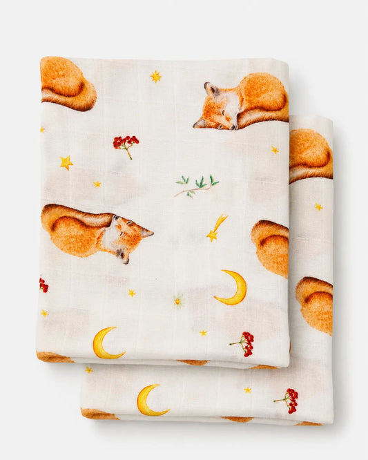 2-pack hydrofiele doeken vosjes 60x60 cm – bamboe en biologisch katoen