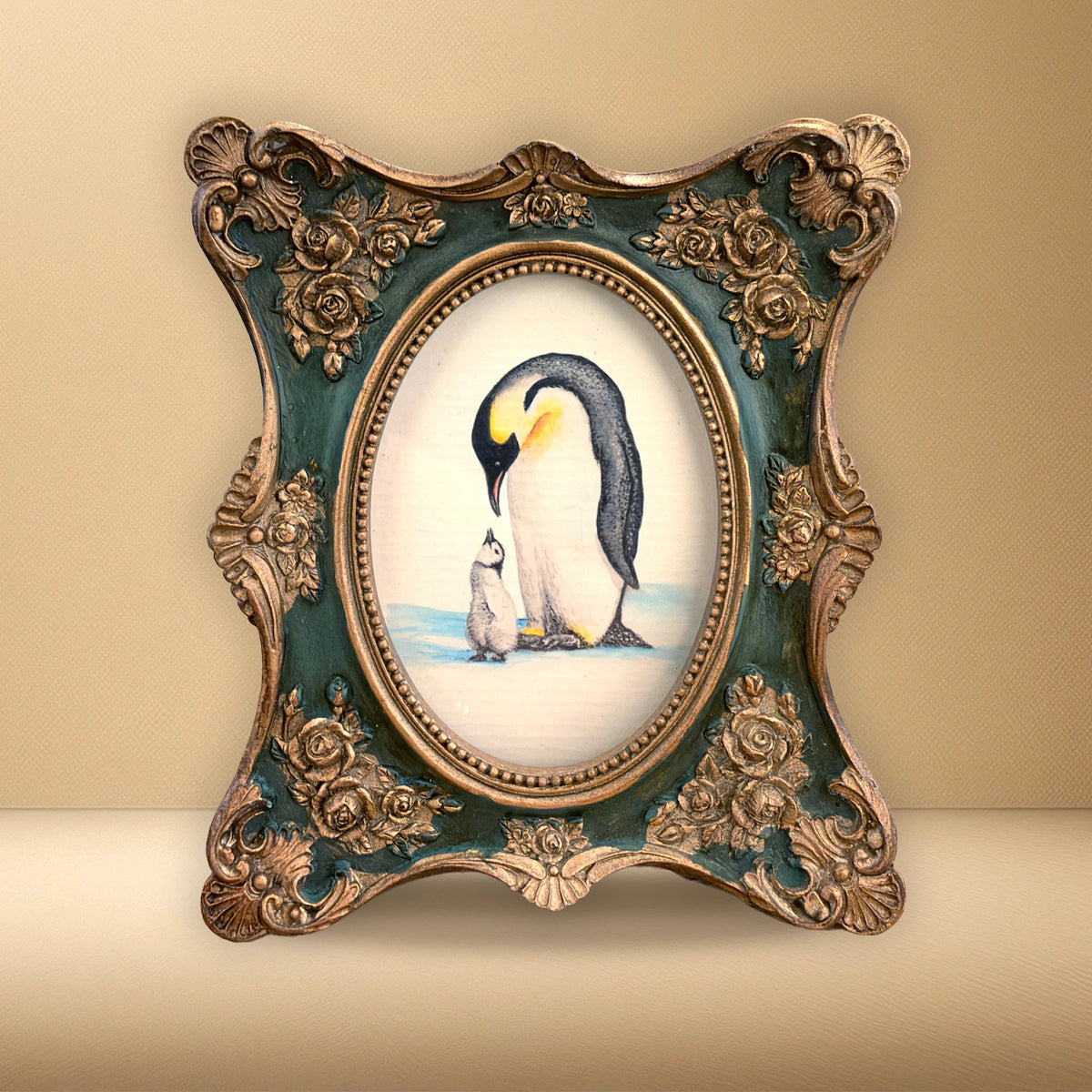 Groen lijstje met pinguïn art print