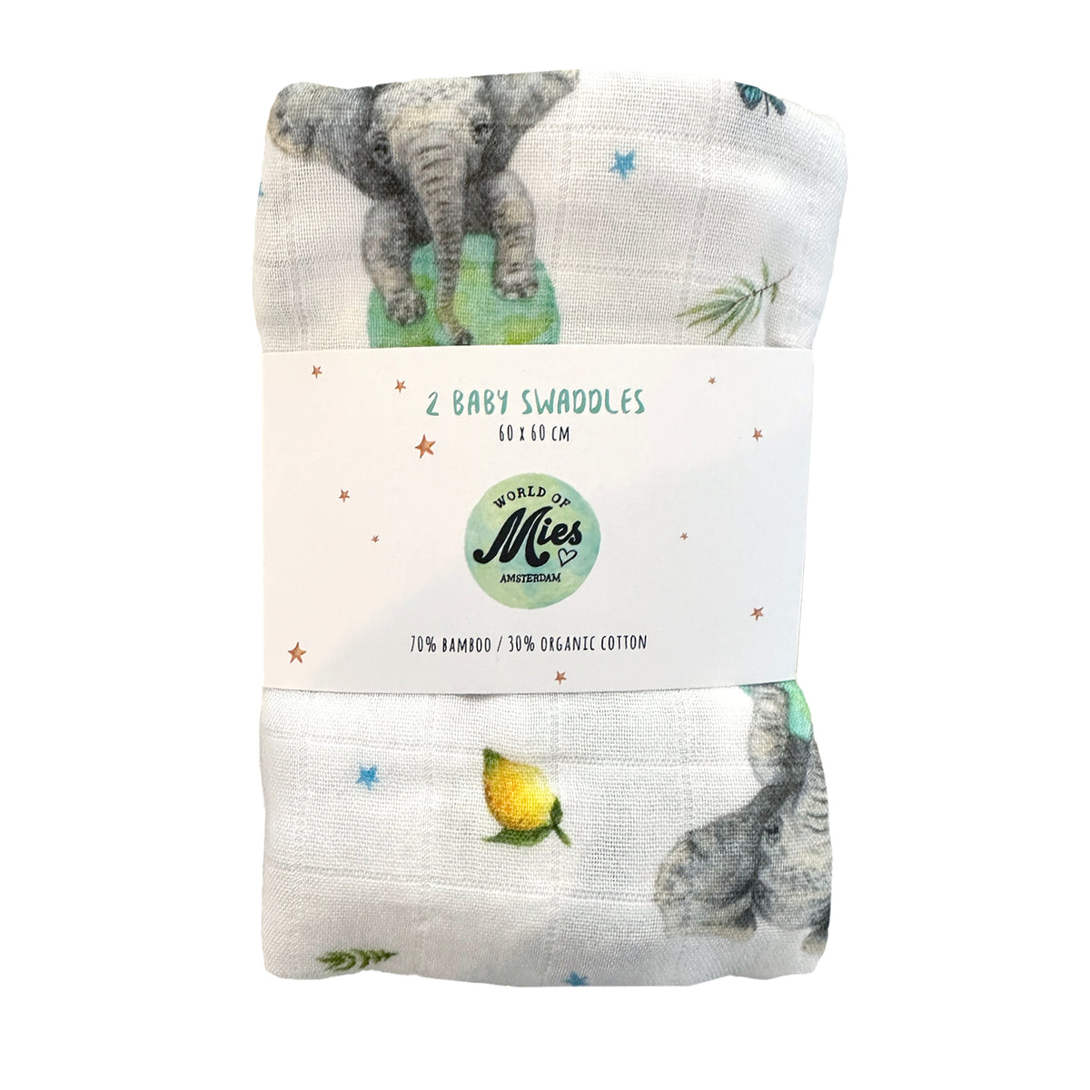 Pack de 2 pañuelos de muselina elefante 60x60 cm – bambú y algodón orgánico