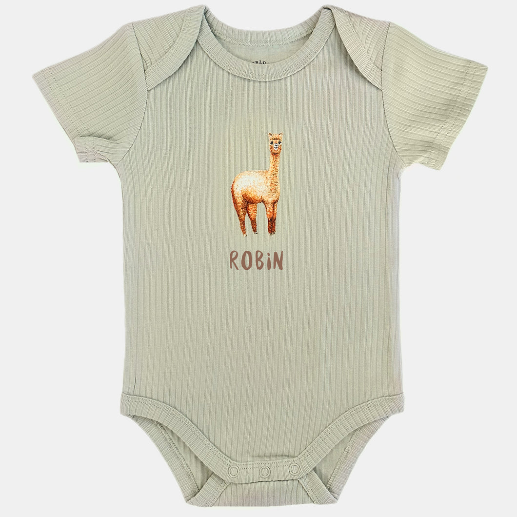 Baby romper alpaca met naam - sage shortsleeve