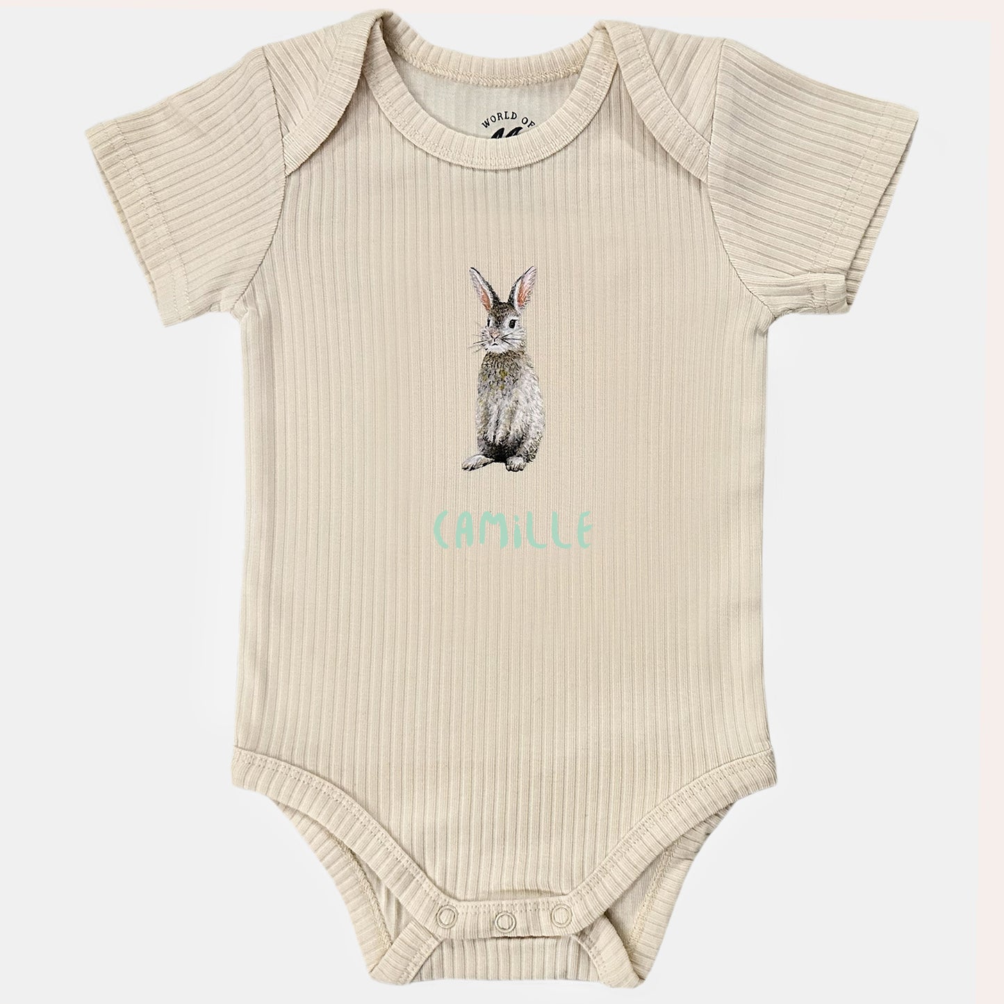 Baby onesie with bunny and name - vanilla short sleeve