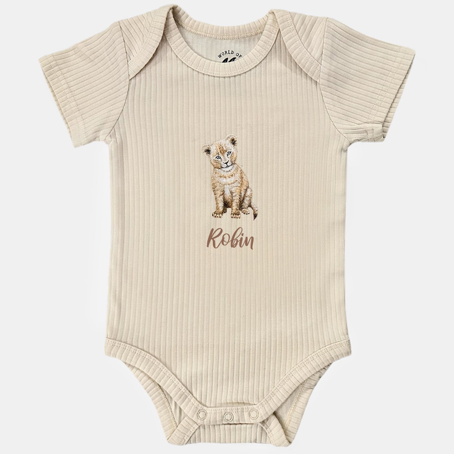 Baby onesie with little lion and name - vanilla short sleeve
