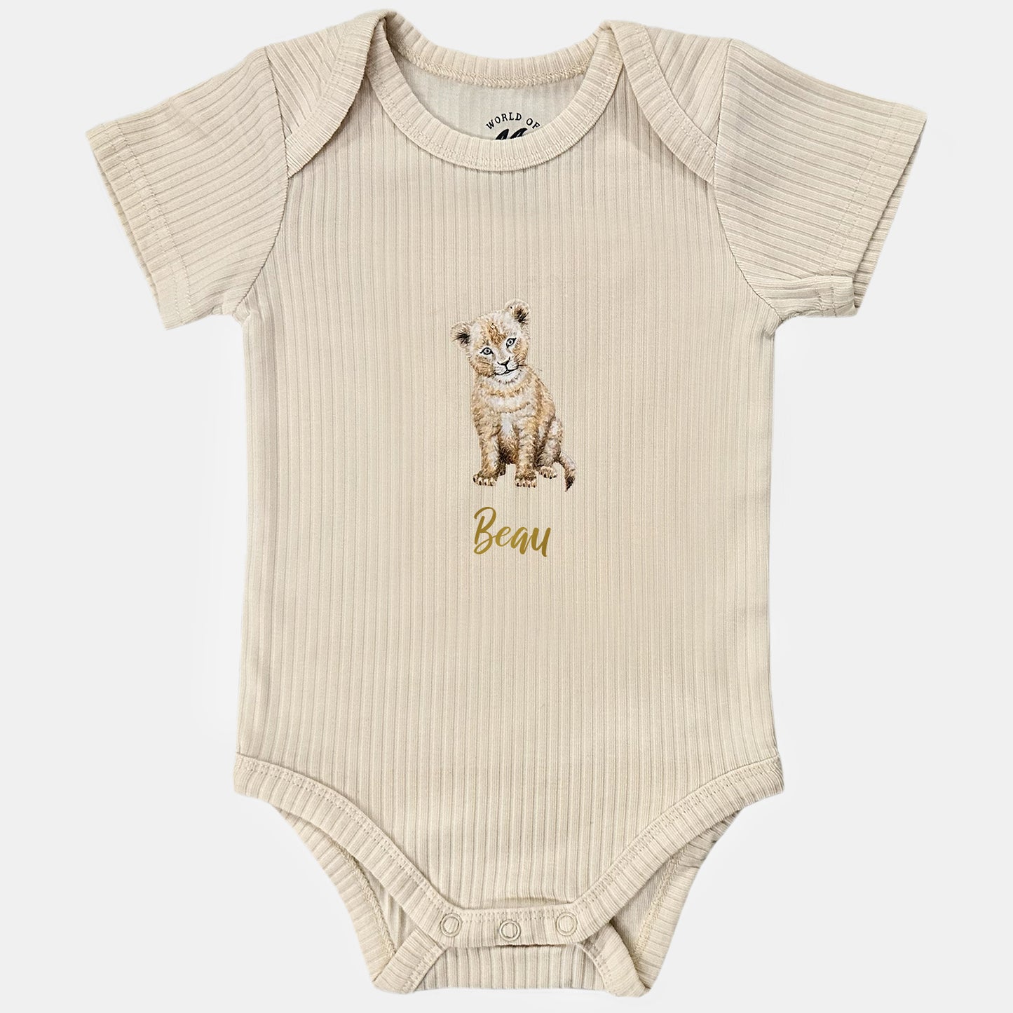 Baby onesie with little lion and name - vanilla short sleeve