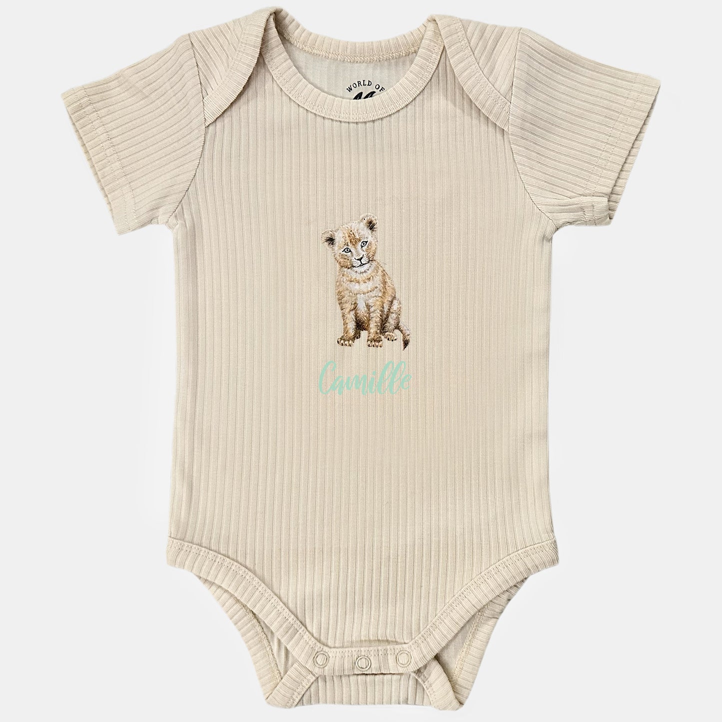 Baby onesie with little lion and name - vanilla short sleeve